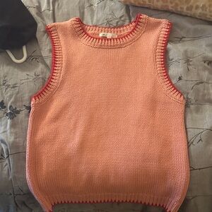 DR2 Peach Knit Sleeveless V-Neck Vest with Red Trim
